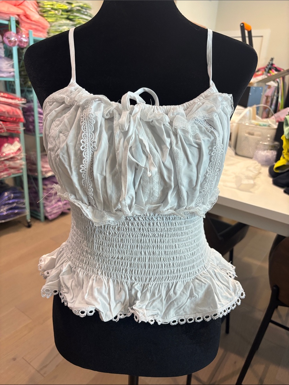 Altar'd State White Smocked Lace-Trim Cami Top